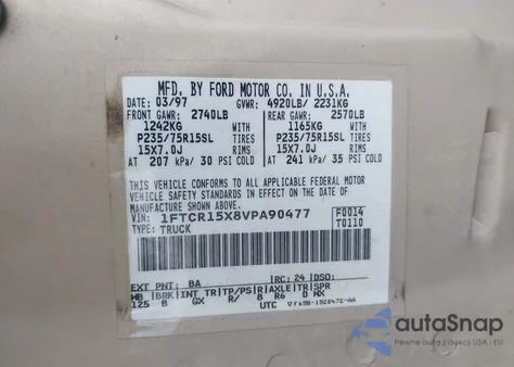 1997 Ford Ranger Splash/Stx/Xlt из США, поврежденный, VIN 1FTCR15X8VPA90477